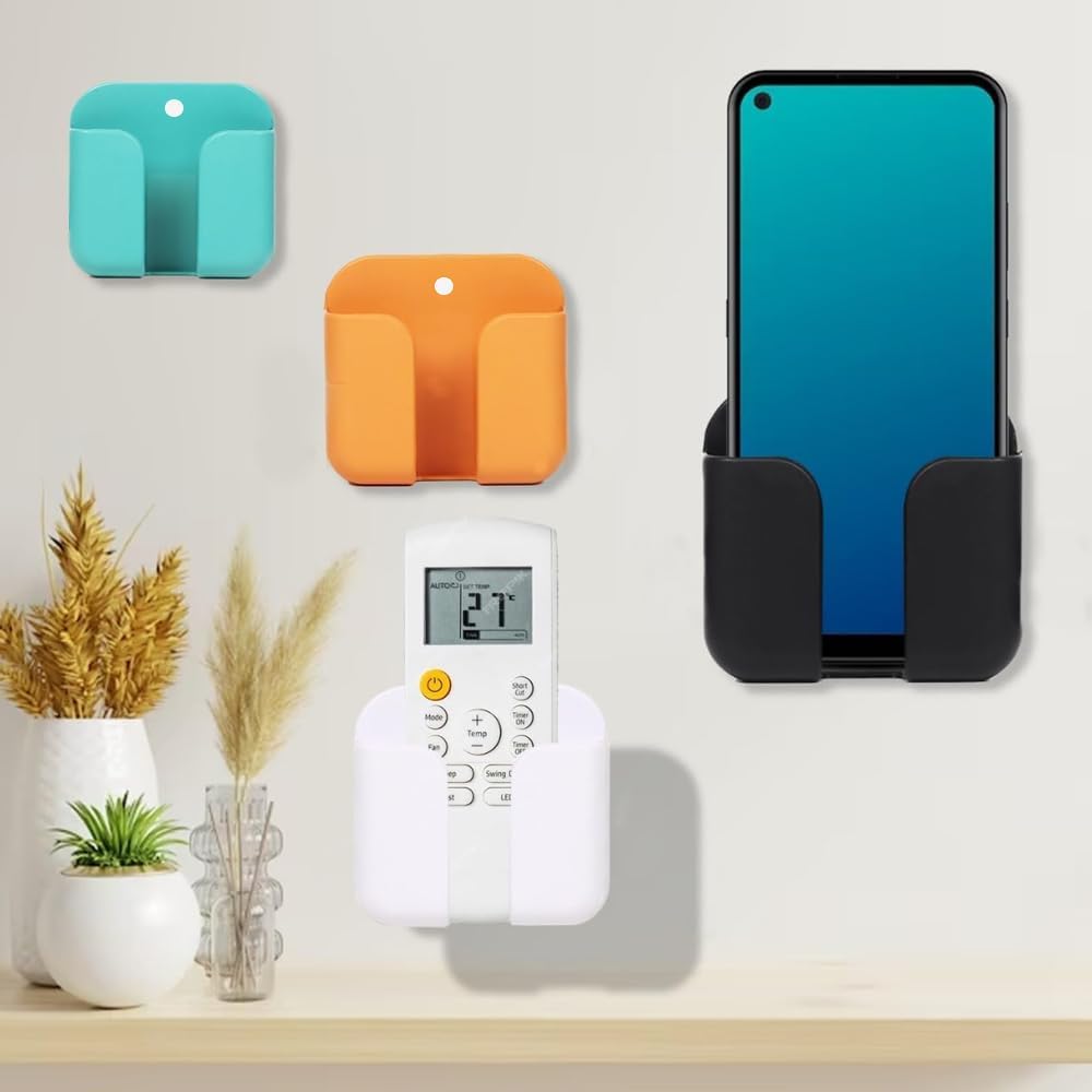 WALLVIEW TECH Pack of 4 Wall Mounted Mobile Smartphone Holder Storage Case for Phones with Strong Adhesive Strips|Wall Mount Mobile Stand/Multi-Purpose Stand for Phone Charging (Black)