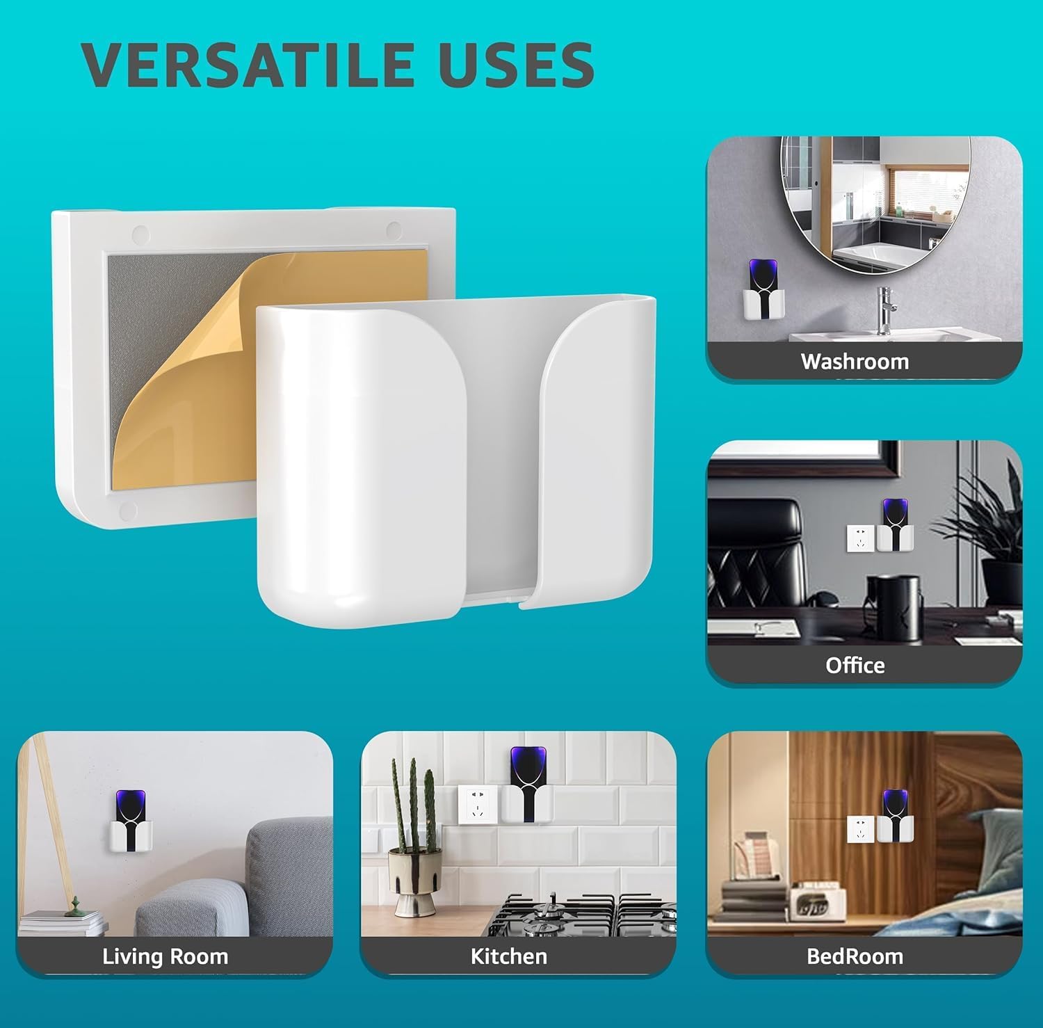 WALLVIEW TECH Pack of 4 Wall Mounted Mobile Smartphone Holder Storage Case for Phones with Strong Adhesive Strips|Wall Mount Mobile Stand/Multi-Purpose Stand for Phone Charging (Black)