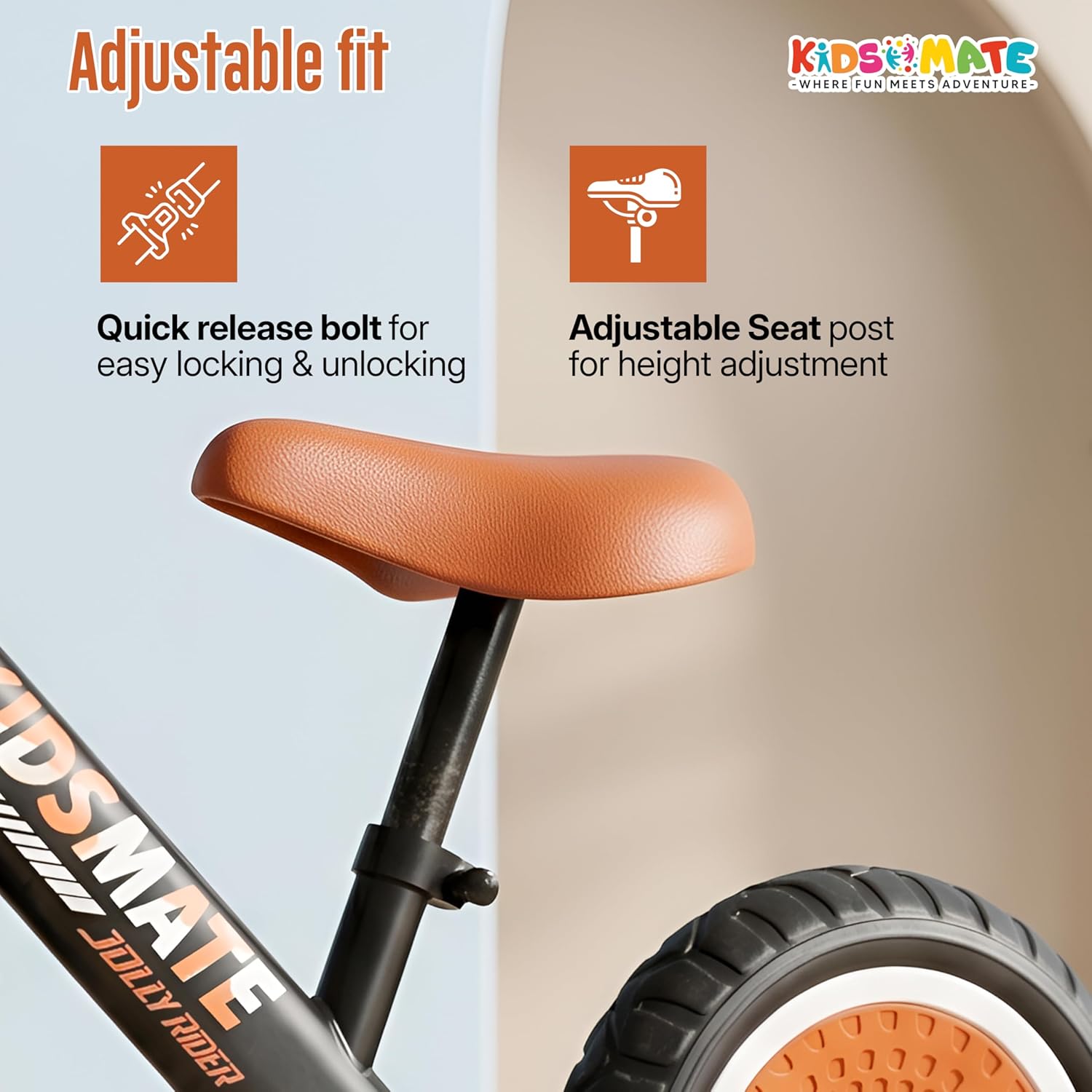 Kidsmate Zippy Balance Bike for Kids 2-6 Years | Adjustable Seat Height | Inbuilt Music & LED Light | Kids Bicycle with EVA Tyres | Perfect Balancing Cycle for Little Riders - Orange