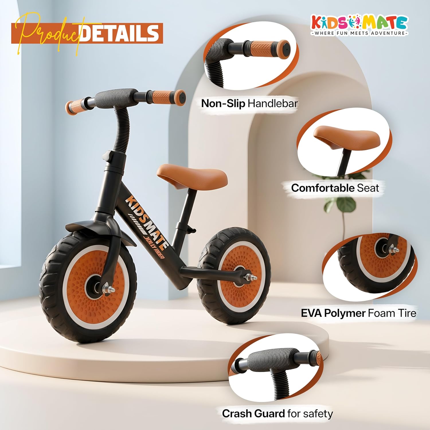 Kidsmate Zippy Balance Bike for Kids 2-6 Years | Adjustable Seat Height | Inbuilt Music & LED Light | Kids Bicycle with EVA Tyres | Perfect Balancing Cycle for Little Riders - Orange