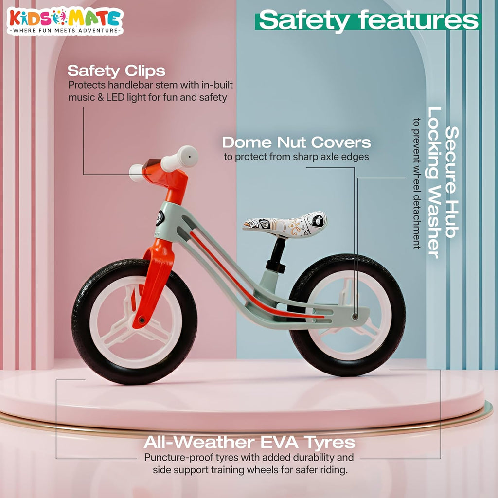 Kidsmate Zippy Balance Bike for Kids 2-6 Years | Adjustable Seat Height | Inbuilt Music & LED Light | Kids Bicycle with EVA Tyres | Perfect Balancing Cycle for Little Riders - Orange