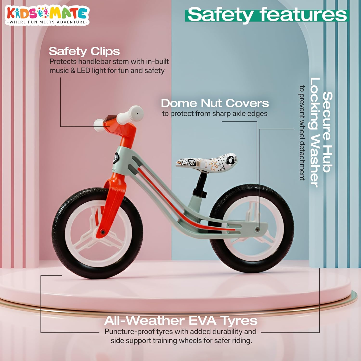 Kidsmate Zippy Balance Bike for Kids 2-6 Years | Adjustable Seat Height | Inbuilt Music & LED Light | Kids Bicycle with EVA Tyres | Perfect Balancing Cycle for Little Riders - Orange
