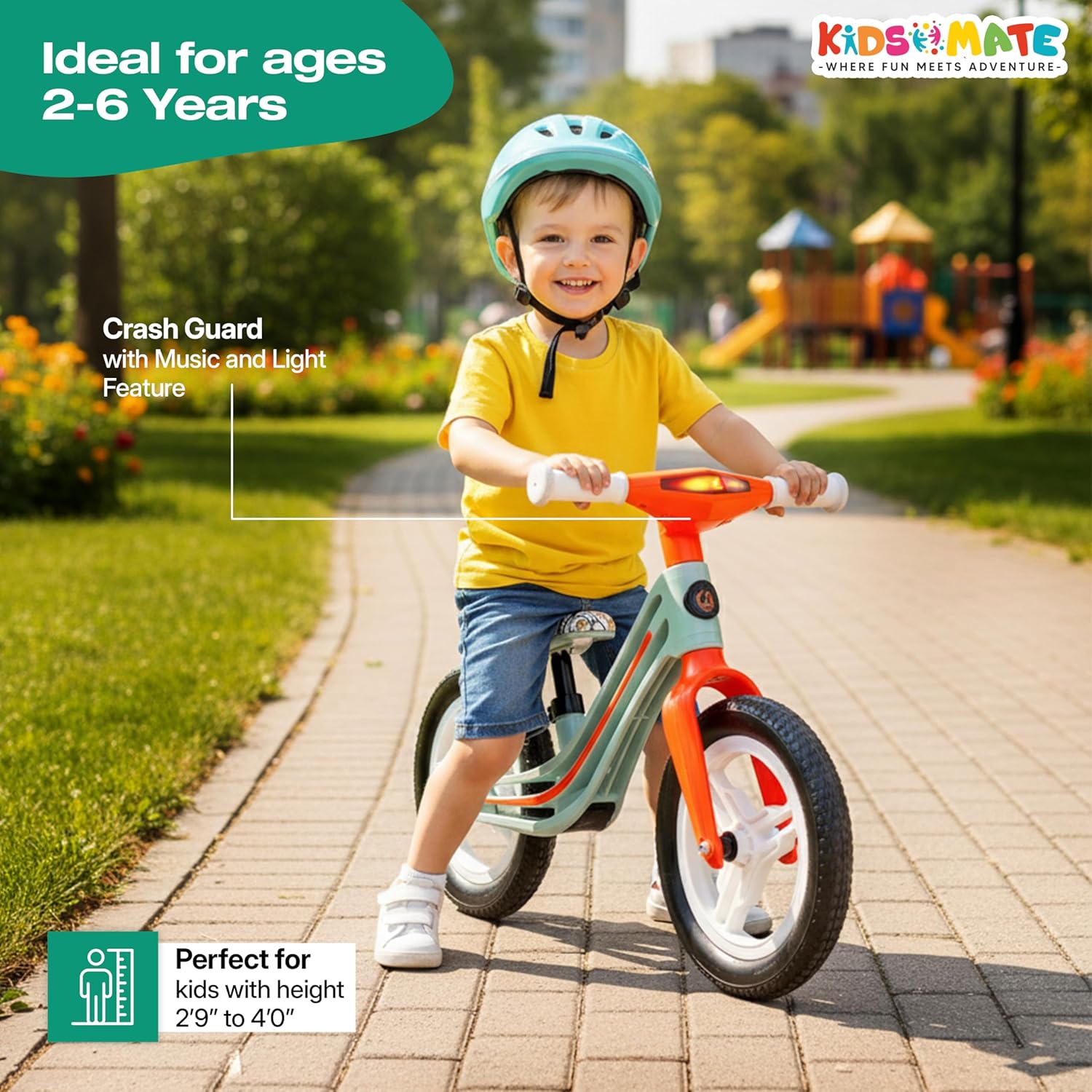 Kidsmate Zippy Balance Bike for Kids 2-6 Years | Adjustable Seat Height | Inbuilt Music & LED Light | Kids Bicycle with EVA Tyres | Perfect Balancing Cycle for Little Riders - Orange