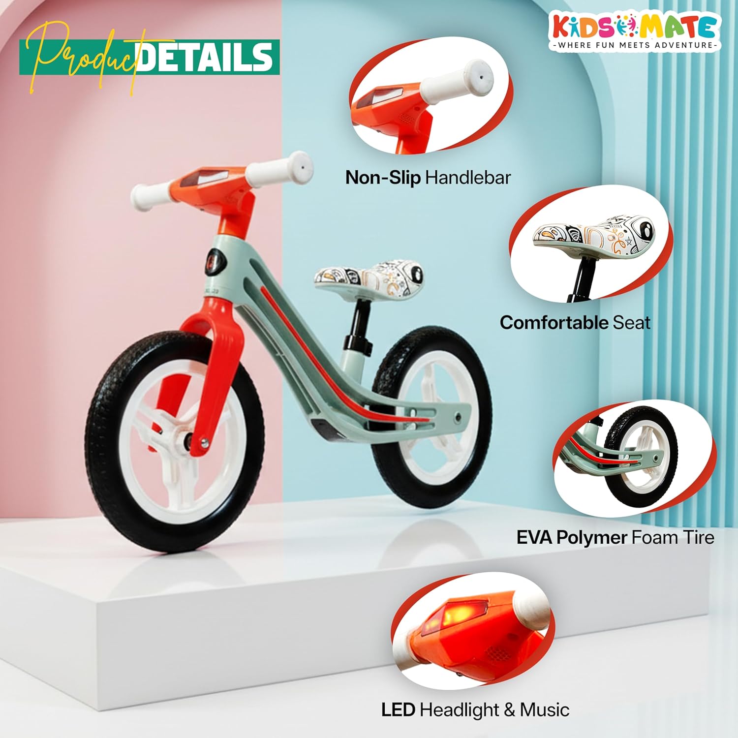 Kidsmate Zippy Balance Bike for Kids 2-6 Years | Adjustable Seat Height | Inbuilt Music & LED Light | Kids Bicycle with EVA Tyres | Perfect Balancing Cycle for Little Riders - Orange