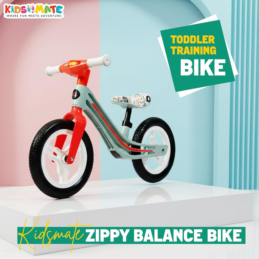 Kidsmate Zippy Balance Bike for Kids 2-6 Years | Adjustable Seat Height | Inbuilt Music & LED Light | Kids Bicycle with EVA Tyres | Perfect Balancing Cycle for Little Riders - Orange