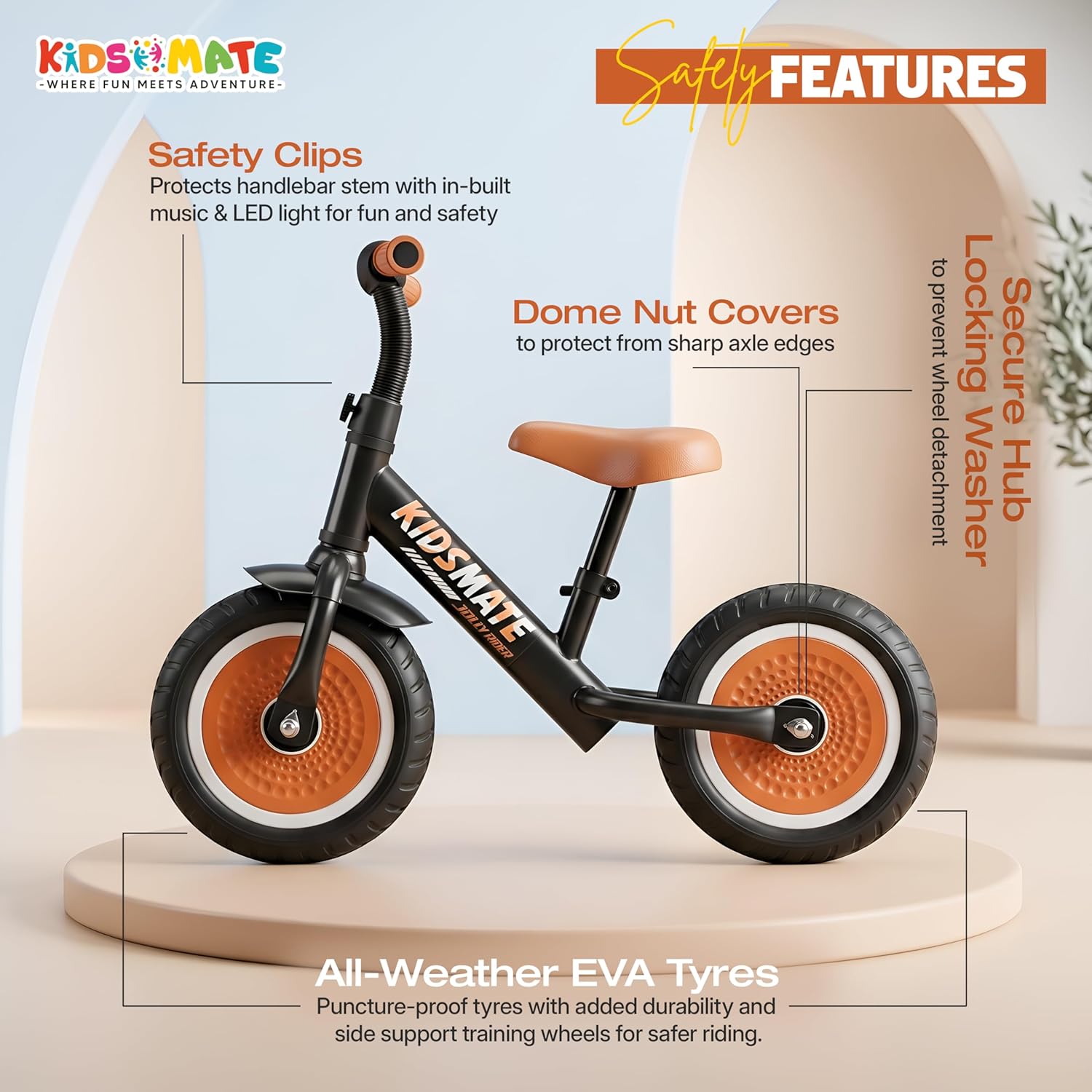 Kidsmate Zippy Balance Bike for Kids 2-6 Years | Adjustable Seat Height | Inbuilt Music & LED Light | Kids Bicycle with EVA Tyres | Perfect Balancing Cycle for Little Riders - Orange