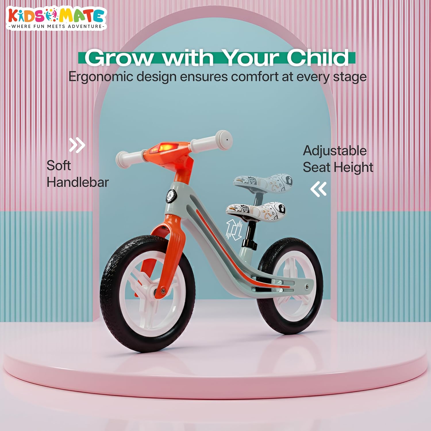 Kidsmate Zippy Balance Bike for Kids 2-6 Years | Adjustable Seat Height | Inbuilt Music & LED Light | Kids Bicycle with EVA Tyres | Perfect Balancing Cycle for Little Riders - Orange