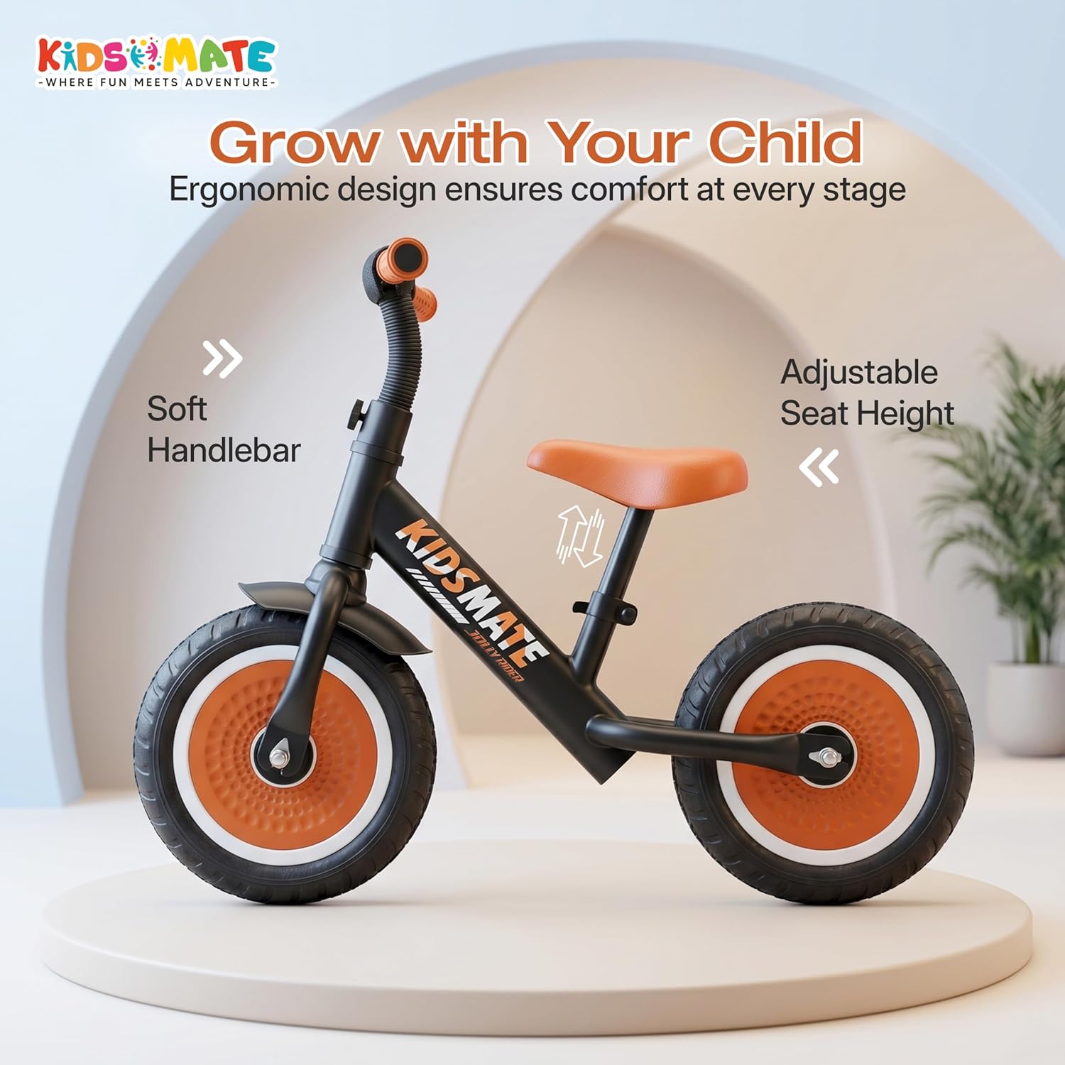 Kidsmate Zippy Balance Bike for Kids 2-6 Years | Adjustable Seat Height | Inbuilt Music & LED Light | Kids Bicycle with EVA Tyres | Perfect Balancing Cycle for Little Riders - Orange