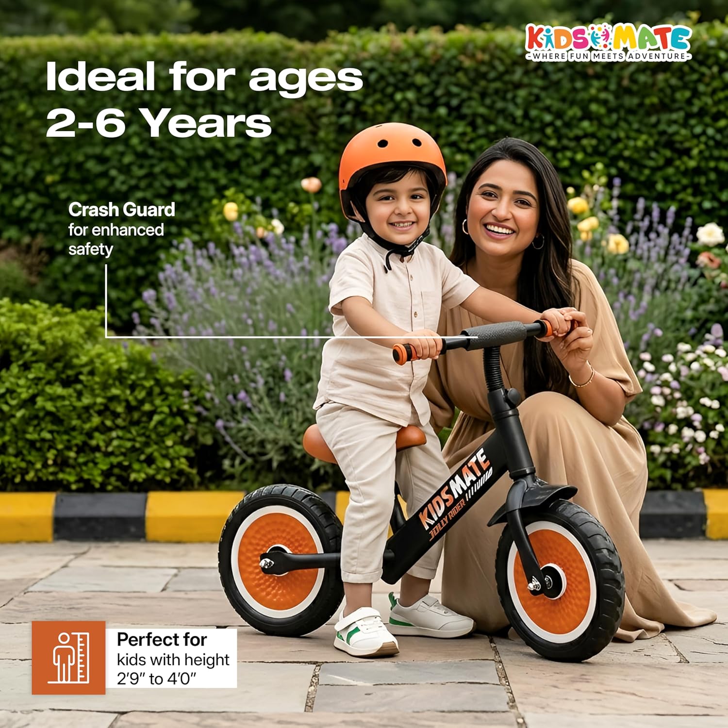 Kidsmate Zippy Balance Bike for Kids 2-6 Years | Adjustable Seat Height | Inbuilt Music & LED Light | Kids Bicycle with EVA Tyres | Perfect Balancing Cycle for Little Riders - Orange